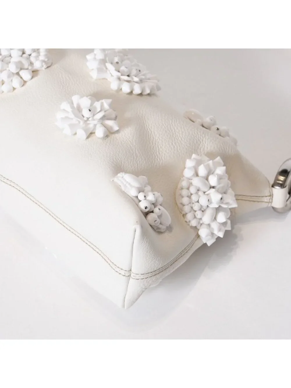 Prada Hobo Handbag Beads Leather White